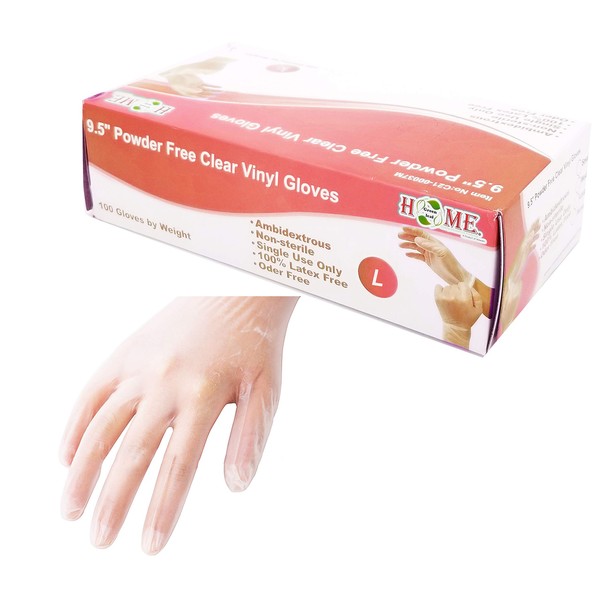 Uniware 100 pc 9.5" Single-Use Powder Free Clear Vinyl Gloves, Disposable Gloves, Ambidextrous, Non-Sterile, Latex & Odor Free (Large)