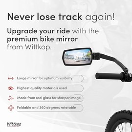 WITTKOP Espejo de bicicleta, gran campo de visión HD, giratorio de 360° y plegable, montaje superior e inferior, inastillable y duradero, espejo retro