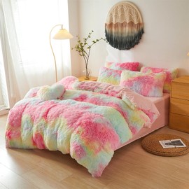 Rainbow Shaggy Comforter Cover Set,Ultra Soft Plush Duvet Cover Bedding Sets Queen 3 Pieces with Pillow Cases, Fluffy Rainbow Bed Set Zipper Closure (Rainbow, Queen)