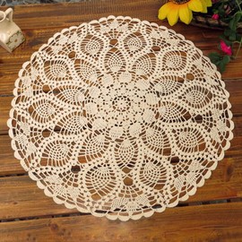 Lelefly Cotton Handmade Crochet lace Table Runners Round Tablecloth Doilies Doily Table Dresser Scarf Décor,23 inch,Beige