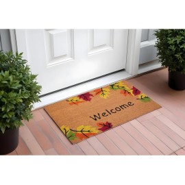 HomeRoots 17" X 29" Natural Red and Yellow Coir Leaves Welcome Outdoor Fall Door Mat