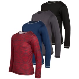 Black Bear Boys' Long Sleeve Shirts - 4 Pack Lightweight Dry Fit Crewneck Active Performance T-Shirts (Sizes: 4-18), Size 12-14, Black/Navy/Charcoal/Burgundy Space-dye