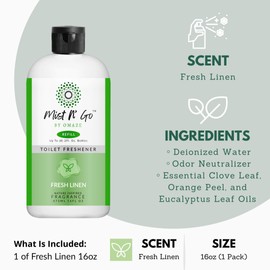 Mist N' Go by OMAZE Bathroom Odor Spray for Toilet Spray Refill Bottle - Multitasking Toilet Spray - Bathroom Spray Odor Eliminator for Strong Odors | Fresh Linen, 16oz (1 Pack)