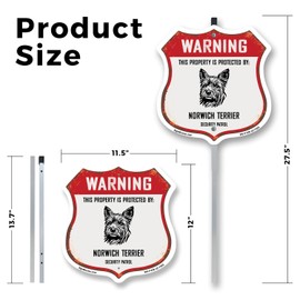 Warning This Property is Protected by Norwich Terrier 12 inch X 12 inch Shield Shaped Commercial Grade Plastic Sign with Aluminum Mounting Stake Weather Resistant Made in the USA