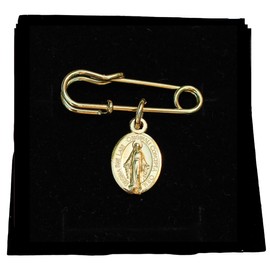 TINY Gold Tone Miraculous Medal, Our Lady of Grace Medal Safety Pin Brooch, Garment Pin, Baptism, Confirmation, First Holy Communion Pin