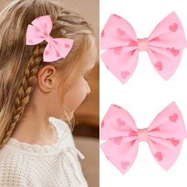 Totelux Valentines Bow Hair Clips Pink Heart Print Hair Barrettes Cute Bowknot Hairpin Grosgrain Ribbon Valentines Hair Accessories for Women Girls 2PCS