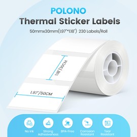 POLONO Thermal Labels for PM220S Label Maker, 1.97"x1.18" (50x30mm), Multi-Purpose Thermal Sticker Label Tape, Self-Adhesive Thermal Paper for Home, Office, 230 Labels/1Roll, 3 Roll (White)