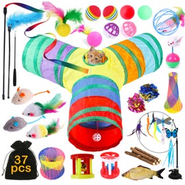 TAVADA Cat Toy Set with Cat Tunnel, Cat Toy, 37-Piece Kitten Mouse Toy Set, with Cat Tunnel, Balls, Plush Toy, Feather Toy for Kitty Cats