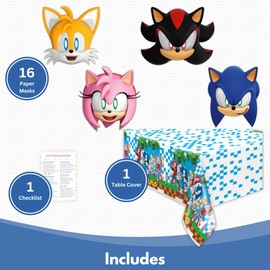 Sonic Birthday Party Decorations for 16 - Bundle with Sonic Table Cloth, 16 Character Masks, Checklist - Party Supplies