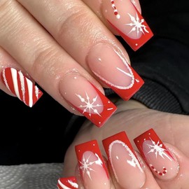 Christmas Press on Nails Medium Square MABKJLF Red French Tip Fake Nails Winter False Nails with Designs Snowflake Cane Candy Silver Glitter Glossy Glue on Nails Acrylic Nails for Women Girls 24 Pcs