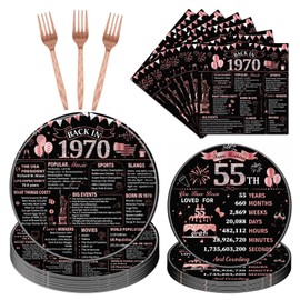 Refavor 55 Birthday Decorations for Women, 96PCS Back in 1970 55th Party Plates Napkins and Forks Tableware, Rose Gold Disposable Cheers to 55 Years Dinnerware Supplies 24 Guests