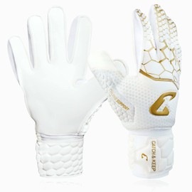 Catch & Keep Kralle Junior Pro Children's Goalkeeper Gloves, Premium Goalkeeper Gloves for Children, Goalkeeper Gloves with Extra Strong Grip (Version 3.0 - Gold / White, 5)