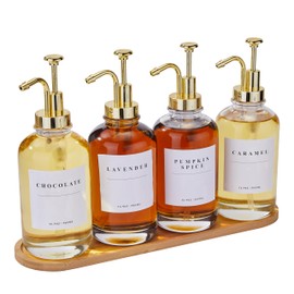 Coffee Syrup Dispenser for Coffee Bar, Coffee Syrup Pump Dispenser, Glass Syrup Bottle with Gold Upgraded Pump, 4 Pack 16.9 oz 500 ml Syrup Dispensers, 28 Labels and Large Bamboo Tray