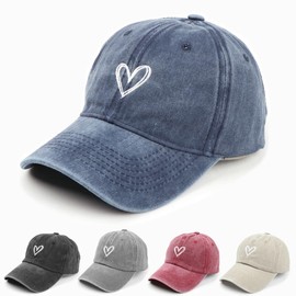 Women's Vintage Washed Baseball Cap Cute Heart Embroidered Sun Hat Adjustable Distressed Dad Caps UV Protection Summer Hats