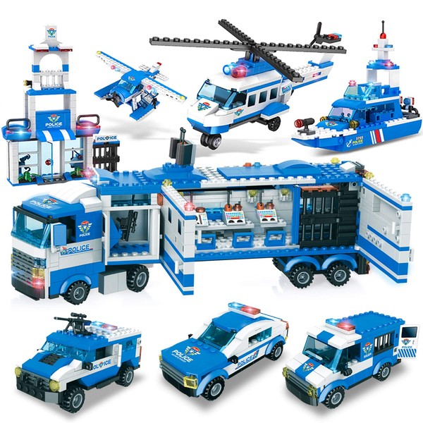 City Police, City Station Building Sets, 8 in 1 Mobile Command Center Building Bricks Toy with Cop Car & Patrol Vehicles, Storage Box with Baseplates Lid, Present Gift for Kids Boys Girls 6-12