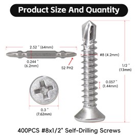 (400PCS, #8x1/2) Flat Head Self Drilling Screws, 410 Stainless Steel Phillips Head High-Strength Fast Self Tapping Screws, Cross Sheet Metal Screws for Wood Plastics Metal