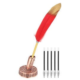 PATIKIL Red Gold Feather Ballpoint Pens Bulk, Metal Holder Black Ink Vintage Quill Writing Pens with 5 Pieces Refill for Office, Wedding Signature, Red Bronze