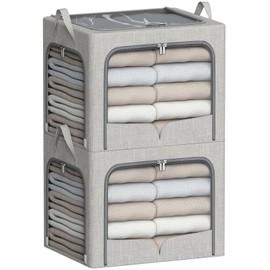 2 Pack Clothes Storage Bins- Foldable Storage Box with Metal Frame for Clothes Blanket Sweater Linen Fabric Storage Bins with 3 Opening Clear Window (Light Grey, 15.7"L x 11.8"W x 11.8"H(inch))