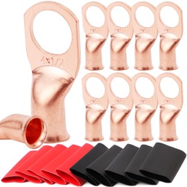 TKDMR 10pcs 4 AWG-1/2" Battery Lugs,with 10pcs 3:1 Heat Shrink Tubing,Battery Cable Ends,Heavy Duty Copper Wire Lugs,Tubular Ring Terminals,AWG Crimp Wire Ring Lugs,Battery Terminal Connectors