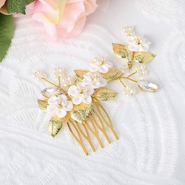 Ushiny Flower Bridal Wedding Hair Comb Pearl Headpiece Leaf Hair Side Comb for Women and Girls