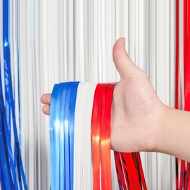 Voircoloria 3 Pack 3.3 x 8.2 ft Red White and Blue Foil Fringe Backdrop Curtains, Tinsel Streamers Party Decorations, Fringe Backdrop for Patriotic, Memorial Day, 4th of July, Independence Day
