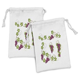 Lunarable Vine Fabric Pouch Set of 2, Grapevines Leaves Fruit Swirls Pattern Agriculture Harvest Yield Food Nature, Small Drawstring Bag for Toiletries Masks and Favors, 9" x 6", Magenta Green