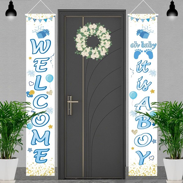 ASOONYUM 2Pcs Baby Shower Decorations Porch Sign Banner Welcome It is a Boy Door Front Wall Hanging Banner Gender Reveal Baby Shower Decorations Supplies