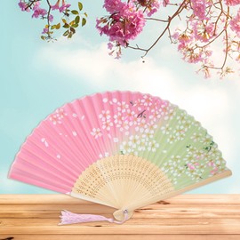 Boshiho Japanese-Style Folding Fan, Stylish, Pure Silk, Dance, Floral Pattern, Butterflies, Bamboo Craft, Cherry Blossom Pattern, Fan Pouch, Accessory for Japanese Attire, Elegant, Vibrant, Beautiful, safety pink