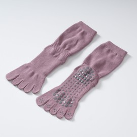 Verdancy Yoga Pilates Toe Socks with Grips for Women Non Slip Cushioned Crew Socks Mid Calf Socks for Barre (Pink Purple)