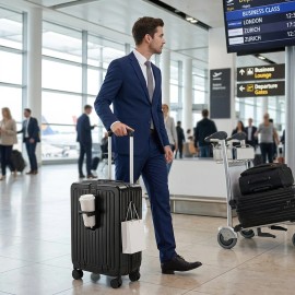 US Warehouse Hard Shell Trolley Suitcases Lightweight Front Opening 20 Inches PC Travel Suitcase Luggage with Cup Holderluggage size: 20", color: Black