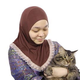 MuLanLegend Cotton Lace Hijab | Princess Nur Scarf Sarong | Girls Kids Instant Slip-on Scarf | Ligthweight and Comfortable, Brown, Small