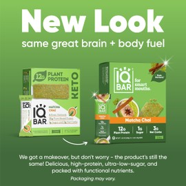 IQBAR Brain and Body Plant Protein Bars - Matcha Chai - 24 Count, Low Carb, High Fiber, Gluten Free, Healthy Vegan Snacks - Low Sugar Keto Bar Pack