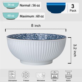 Dyware 60 oz Large Soup Bowl, Pho Bowls, 8 Inch Blue and White Porcelain Japanese Ramen Bowls Set of 3 - Floral Pattern