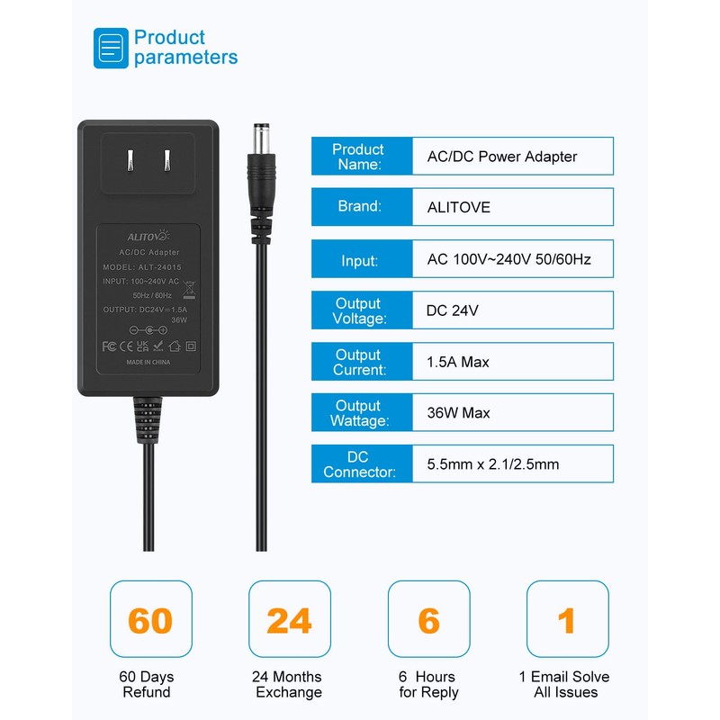 ALITOVE 24V Power Supply 24 Volt 1.5A 36W AC Adapter