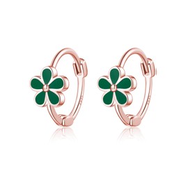 Reffeer Solid 925 Sterling Silver Flower Hoop Earrings Daisy for Women Teens Green Flower Hoop Earrings Huggie (C-Rose Gold)