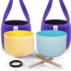 FMTY 10inch Crystal Singing Bowls set prefect pitch(±10HZ) Yellow(Solar Plexus)+ Blue(Throat) with Soft Carrying Bag Sound Bowls Chakra Bowl