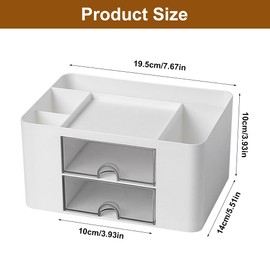 Desk Organiser with 2 Drawers, 3 Pen Holders, 1 Top Shelf and 1 Notebook Holder, Multi-Purpose Desk Organiser, Plastic Desktop Organiser, for Office, Home, School (White)