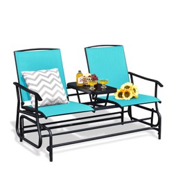 FANTASK 2 Person Outdoor Glider Bench w/Tempered Glass Table, Swing Patio Glider Chair with Steel Frame & Breathable Seat, Double Rocking Chair for Porch, Poolside, Patio, Garden (Turquoise)