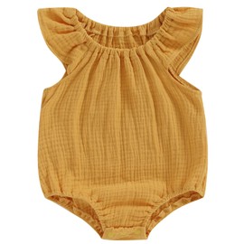 Mubineo Baby Girl Boy Summer Cotton Linen Romper Clothes Basic Plain Ruffle Sleeveless Comfy Rompers Newborn Tops (Mustard Yellow, 6-12 Months)