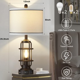 Modern Table Lamps Set of 2, Industrial 3-Way Dimmable Bedside Lamp with USB A+C Ports & AC Outlet, 25" Touch Control Nightstand Lamp LED Night Light for Living Room Bedroom Home(4 Bulbs Included)