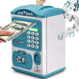 Piggy Bank Money Machine with Fingerprint& Password Code Mini ATM Coin Can Electronic Auto Scroll Paper Saving Box Toy(Blue)