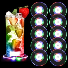 Infreecs Pack of 10 Colourful LED Coasters, 3 Lighting Modes, Luminous Coasters, Acrylic Round Waterproof Light Coasters, LED Coasters for Glasses, Bottles, Parties, Bar, Weddings, Festival