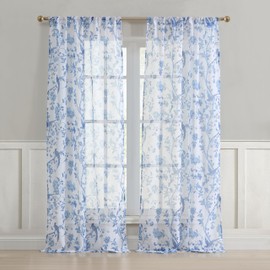 Laura Ashley Summer Palace Window Curtains with Rod Pocket, 84-inch Length, 2 Panels Set, Sheer Light Filtering, Blue