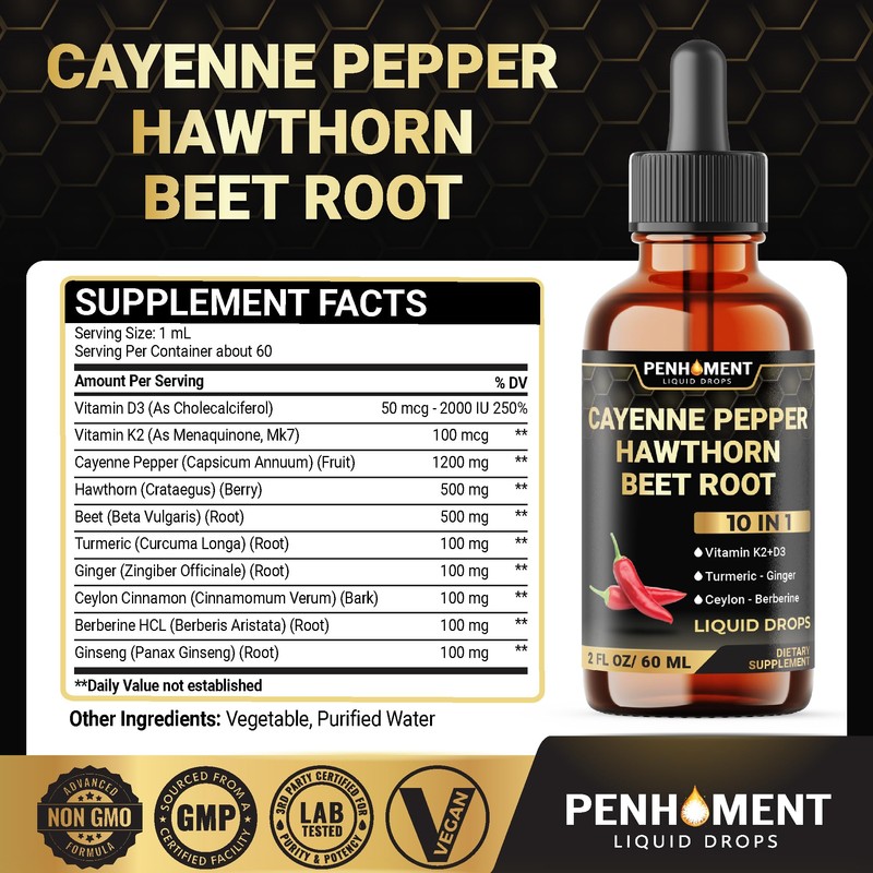 Penhoment 10in1 Cayenne Pepper Liquid Drops + Hawthorn Berry, Vitamin