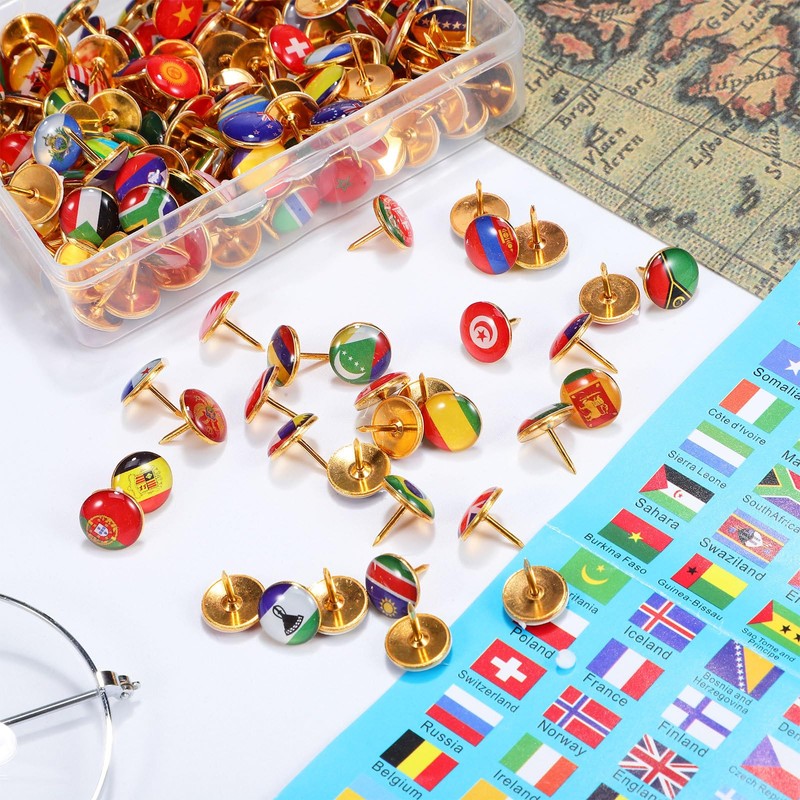 NUOBESTY 200 Pcs Assorted Country Flag Push Pins - Steel