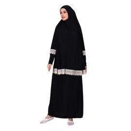 ihvan online Muslim Dresses for Women, Two-Piece Long Sleeve Islamic Prayer Dress, Hijab for Women, Black Patterned, One size