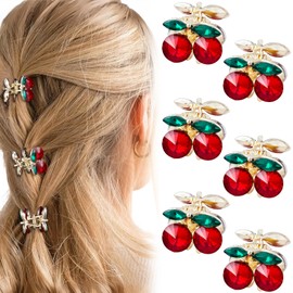 Alpinleux 6 Pcs Red Rhinestone Cherry Hair Clips, Metal Small Hair Clips, Cute Cherry Hair Accessories, Decorative Cherry Claw Clip for Women, Updo, Half Up Styles (0.79''×0.62'')