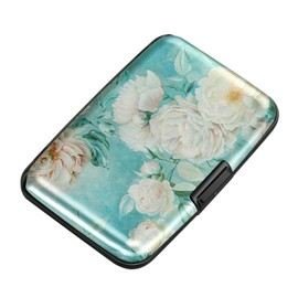 ELFISH Mini RFID Aluminum Wallet Credit Cards Holder Business Card Case Metal ID Case for Men Women(White peony)
