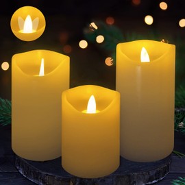 Furora LIGHTING Classic White Real Wax Moving Flame LED Candles with 6/18 Timer, Pack of 3 LED Pillar Candles for Home Décor, Battery Included