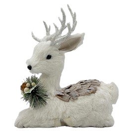 Galt International - Figura decorativa de reno de Navidad blanca de 10 pulgadas, guirnalda de piña con purpurina, ciervo de Papá Noel, decoración de mesa hecha a mano, decoración navideña para
